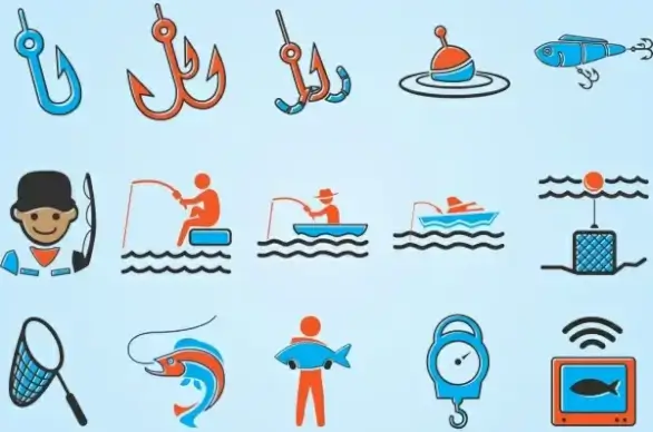 fishing boat lure icon set