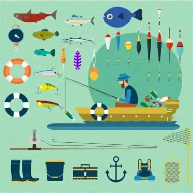 fishing vector illustration with various tools and fisherman