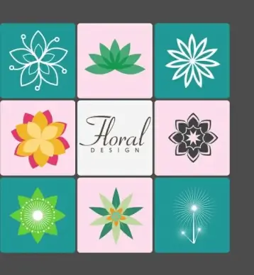 floral icons collection various sketches colorful isolation