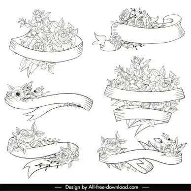 floral ribbon templates classical black white handdrawn outline