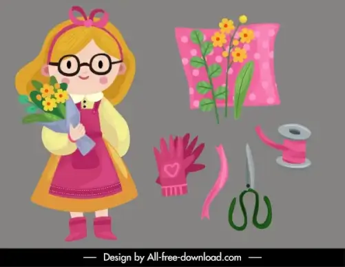florist design elements cute girl tools sketch