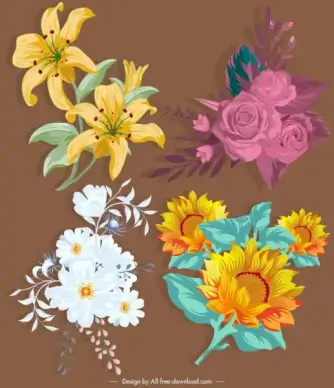 flower icons colored retro design