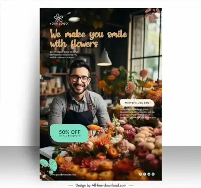 flower poster template smiling man realistic contrast