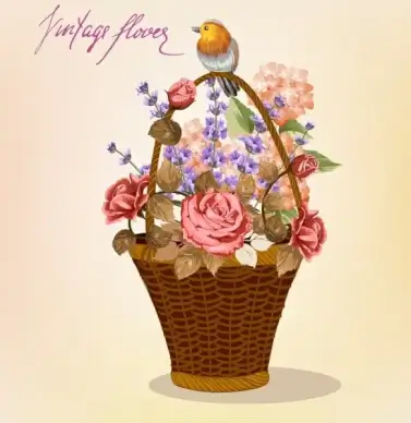 flowers basket painting small bird decoration
