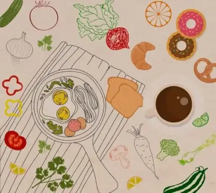 food background vegetable fried eggs icons handdrawn sketch