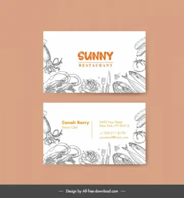 food business card template black white dynamic handdrawn seafood 