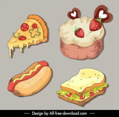 food design elements pizza hotdog sandwich cakes sketch