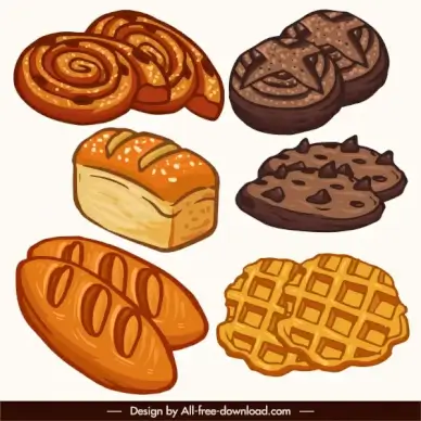 food icons classical handdrawn bread cake sketch
