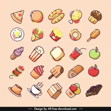food icons collection colorful classical design