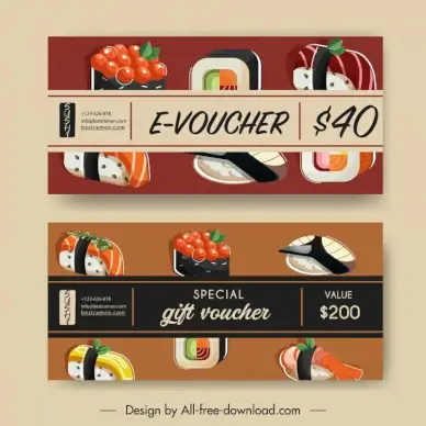 food voucher template flat sushi cuisine elements