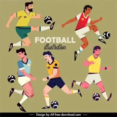 football players icons dynamic cartoon sketch
