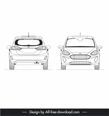 ford fiesta 2017 car model icons flat black white handdrawn front view back view sketch