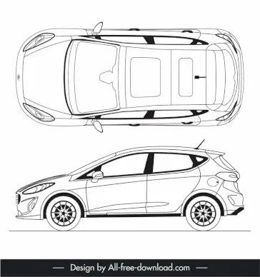 ford fiesta 2017 car model icons flat black white handdrawn side view top view outline 