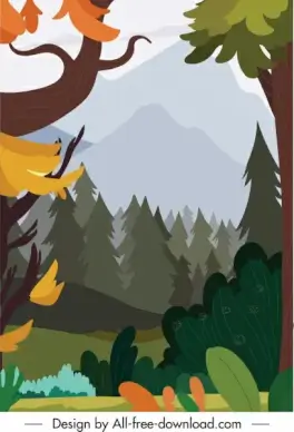 forest scene background colorful flat classic sketch