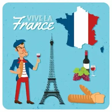 france advertising banner flag wine bread tower icons