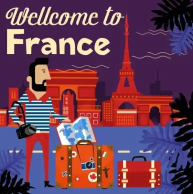 france advertising banner tourist luggage landmark icons