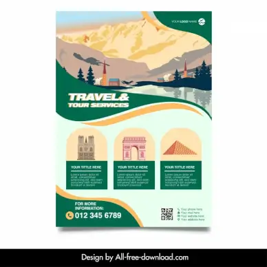 france tour travel flyer template classical nature scene architecture sketch