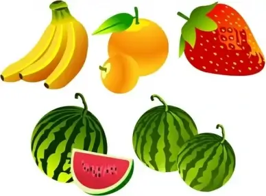 banana strawberry watermelon orange icons 3d colorful design