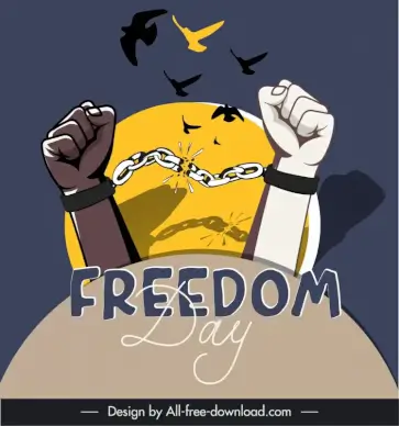 freedom day banner template hands breaking handcuffs moonlight doves sketch