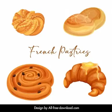 french pastries advertising design elements bread cake croissant sketch