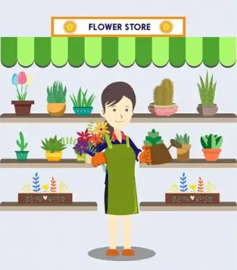 fresh flower store vector illustration with smiling owner