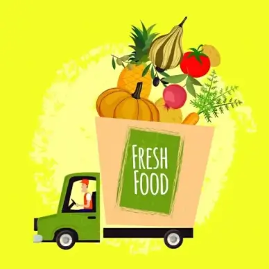 fresh food advertising truck fruits icons decoration