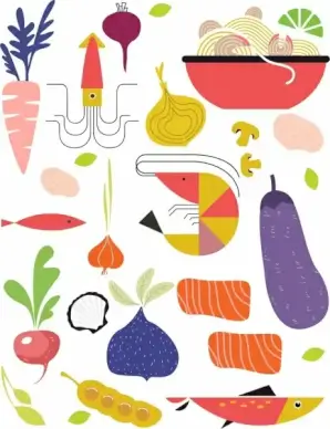 fresh food background vegetable seafood icons colored flat