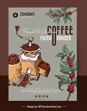fresh ground filter coffee powder advertising banner handdrawn classical sketch