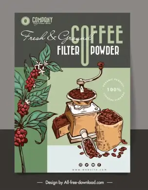 fresh ground filter coffee powder advertising poster classical handdrawn beans flowers tool sketch