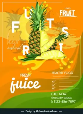 fresh natural fruit poster template dynamic grunge pineapple slices sketch