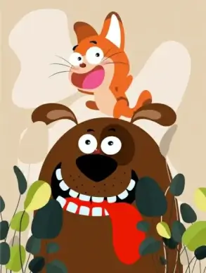 friend painting cat dog icons cartoon design