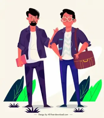 friends icons young men sketch colored cartoon characters