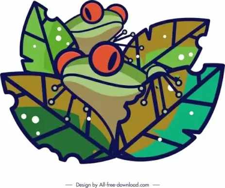 frogs animals painting colorful handdrawn sketch leaves ornament