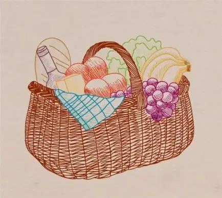fruits basket painting colored handdrawn sketch