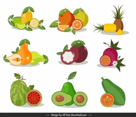 fruits icons bright colorful classic flat design