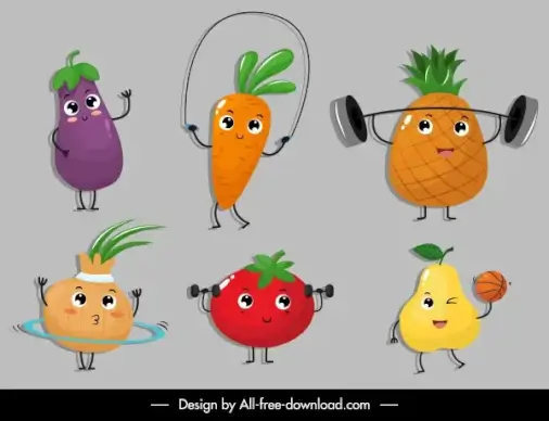 fruits icons funny stylized sketch cartoon characters