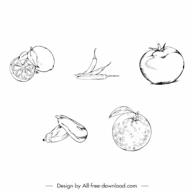 fruits icons sets black white handdraw outline 