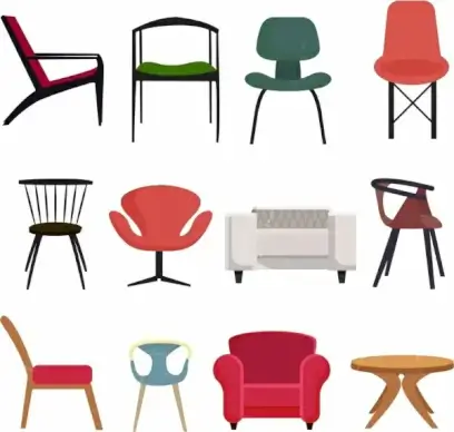 furniture chairs icons collection various colored types