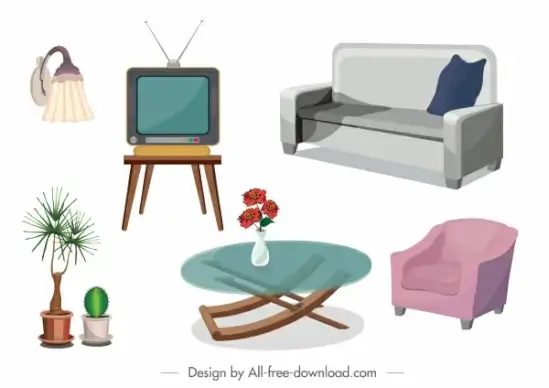 furniture icons colored 3d sketch