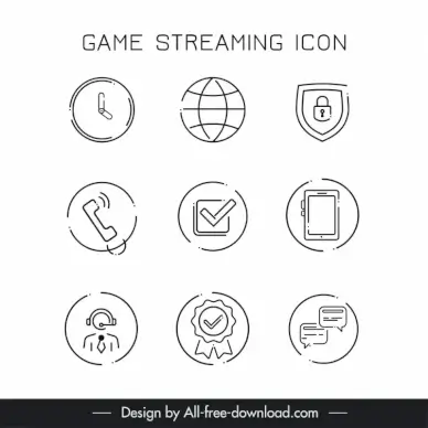 game streaming icons collection flat isolated circle symbols