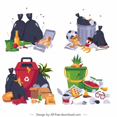 garbage icons dirty discarded objects colorful design