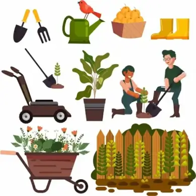 garden work design elements tools plants gardener icons