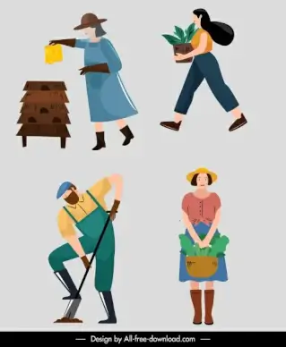 gardener icons activities sketch cartoon characters sketch