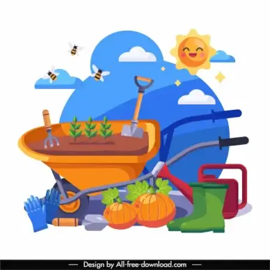 gardening background colorful flat tools nature elements sketch