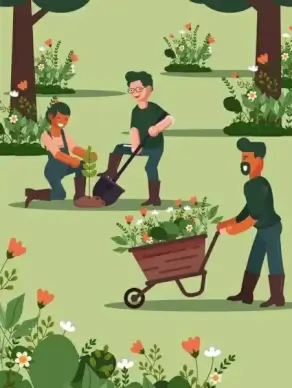gardening background working people flowers plantation cartoon design