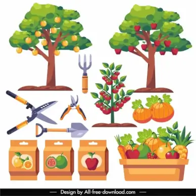 gardening design elements colorful flat products tools sketch