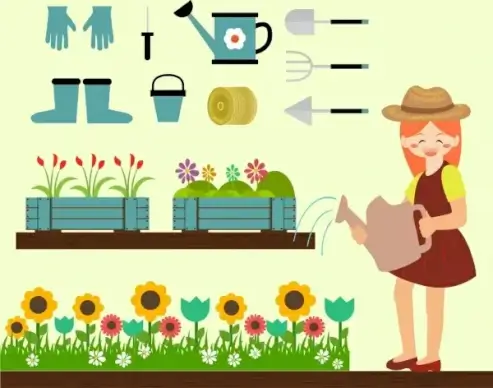 gardening design elements human tools icons colorful design