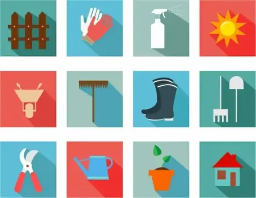 gardening tools icons collection flat colored isolation