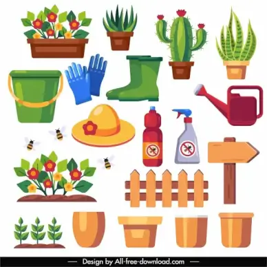 gardening work design elements colorful flat symbols sketch