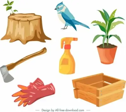 gardening work design elements colorful icons decor